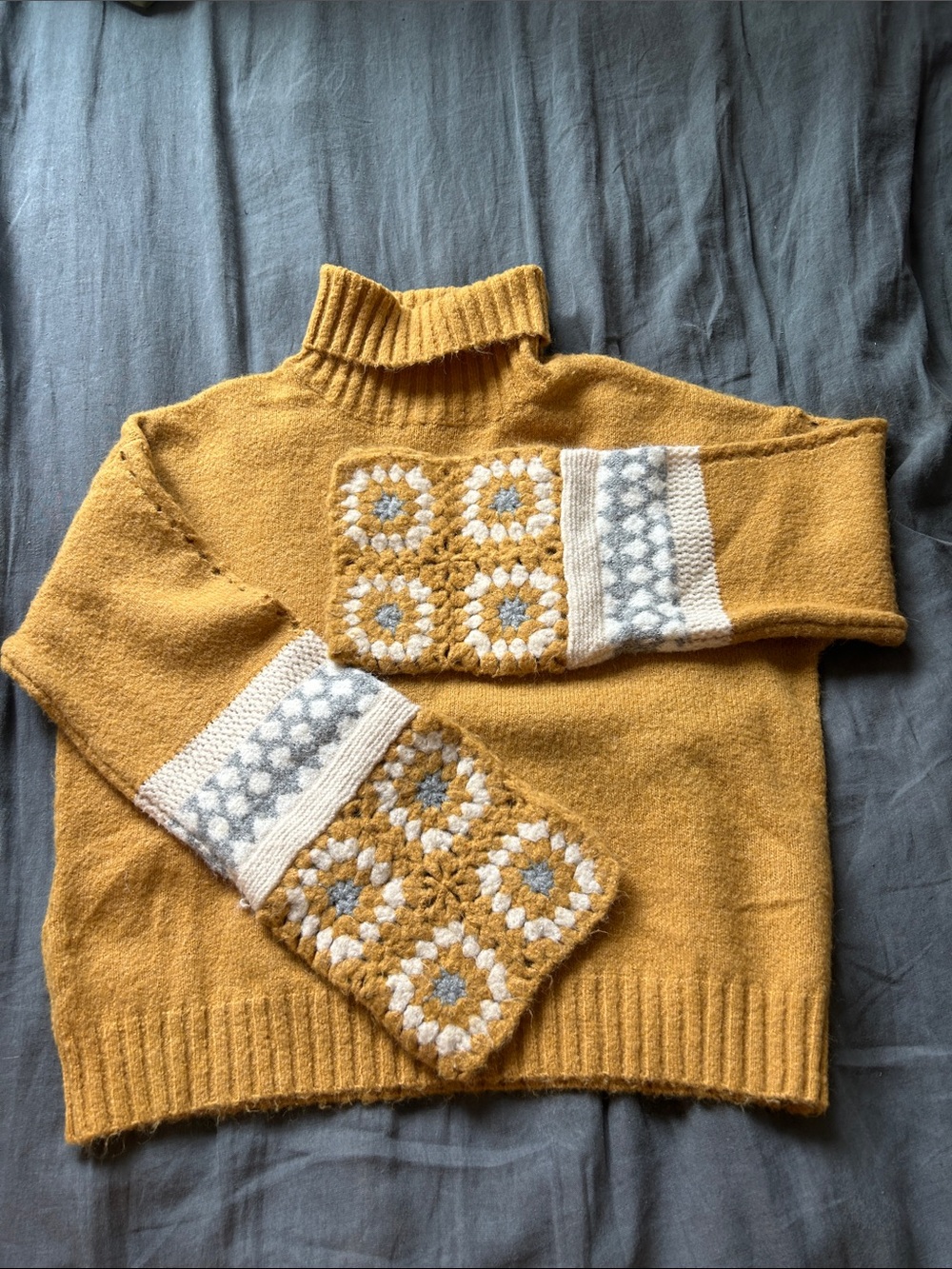 Mustard Yellow Crochet Detail Turtleneck Sweater